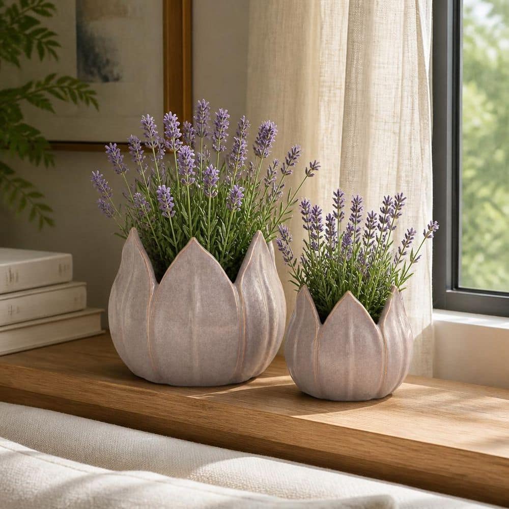 Liv & Skye 5 in. and 8 in. Purple Stoneware Petal Decorative Pots