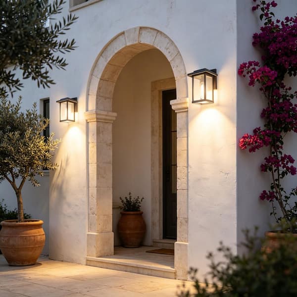 1-Light Black Modern Farmhouse Outdoor Wall Lantern Sconce with Water Glass Shade