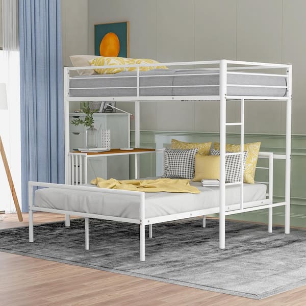 Qualler Twyla White Twin Over Full Metal Bunk Bed with Desk