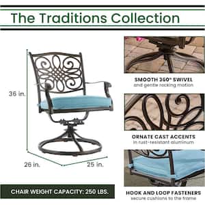 Traditions 5-Piece Outdoor Round Patio Dining Set and 4 Swivel Rockers with Blue Cushions