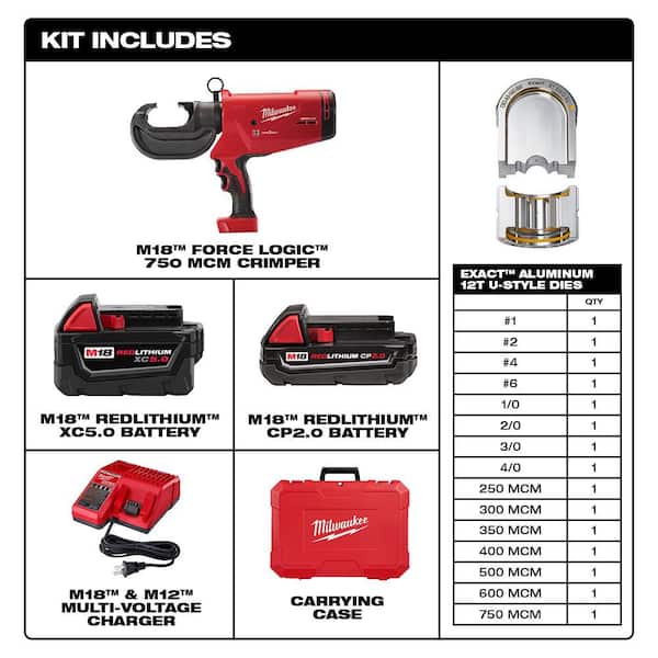 Milwaukee M18 18V Lithium-Ion Cordless FORCE LOGIC 750 MCM Crimper Kit with  EXACT #6 750 MCM Al Dies 2779-750A The Home Depot