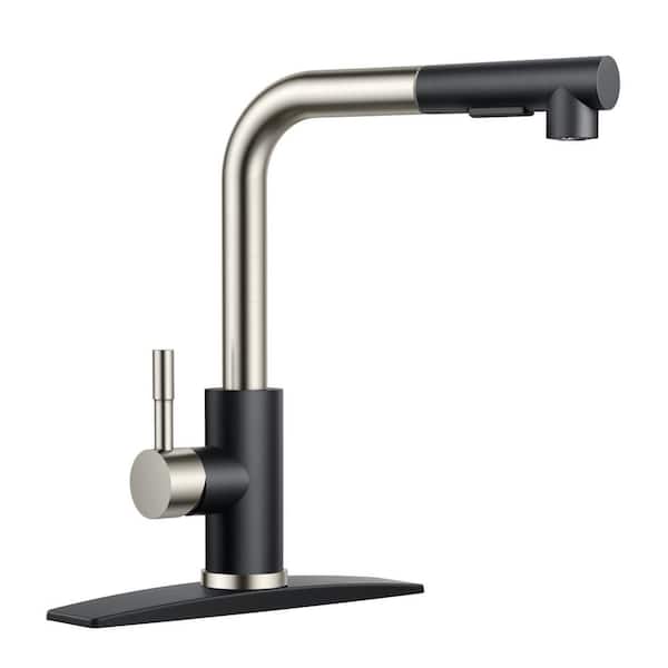 Single Handle Pull Down Sprayer Kitchen Faucet with Deckplate Pull Out Spray Wand in Black Brushed Nickel