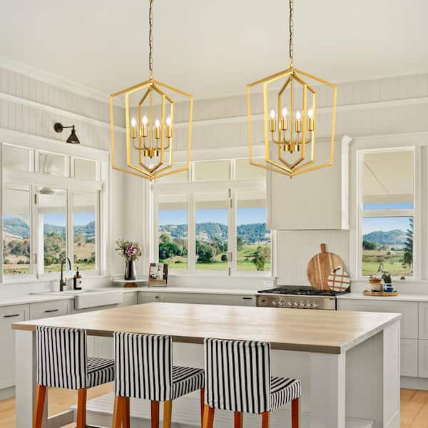4-Light Gold Classic Traditional Farmhouse Metal Geometric Chandelier Light Fixture for Dining Room or Kitchen