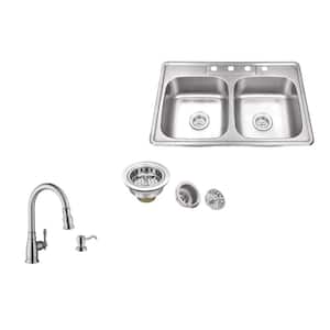 All-In-One Drop In 20-Gauge Stainless Steel 33 in. 4-Hole 50/50 Double Bowl Kitchen Sink with Arc Kitchen Faucet