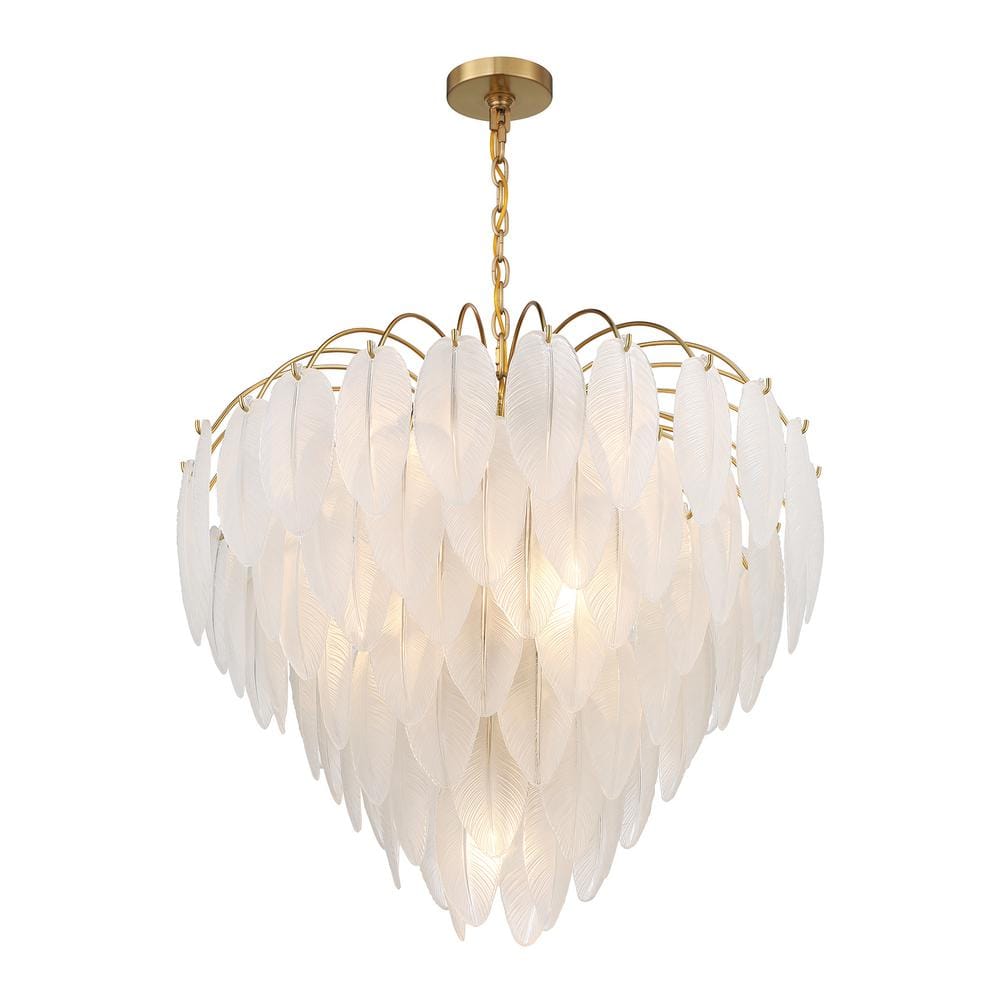 Luxurious Warm Brass 9-Light Chandelier with Frosted Glass Feathers