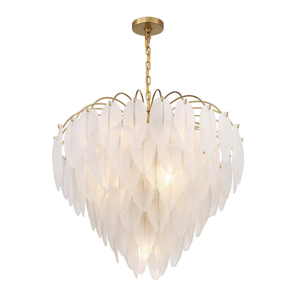 Luxurious Warm Brass 9-Light Chandelier with Frosted Glass Feathers