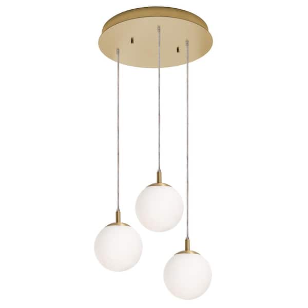AFX Loretto 3-Light Satin Brass, White Shaded Pendant Light with White Glass Shade
