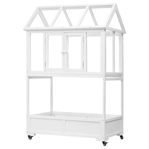 Unbranded White 24 in. D x 47 in. W x 69 in. H Garden Wood Portable Cold Frame, Mini Wooden Greenhouse with Openable Roof, Wheels