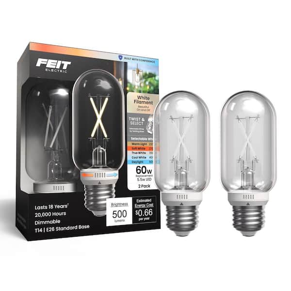 60W Equiv. T14 Dimmable White Filament E26 Vintage Edison Tubular Twist Select LED Light Bulb Selectable White (2-Pack)