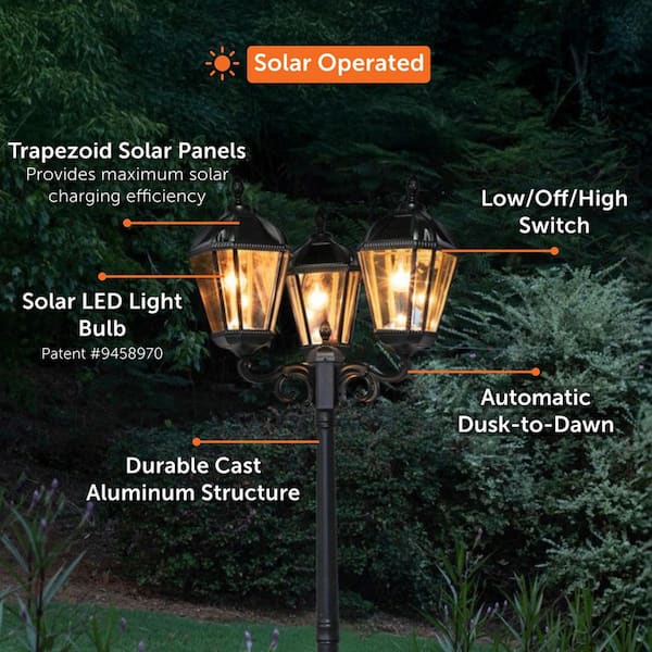 Royal Bulb Series 3-Light Black Aluminum Solar Outdoor Weather Resistant Post Light with 450 Lumen LED Bulb Included