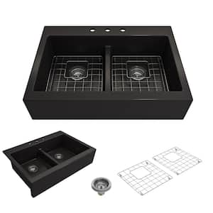 Nuova Matte Black Fireclay 34 in. Double Bowl Drop-In Apron Front Kitchen Sink with Protective Grids and Strainers
