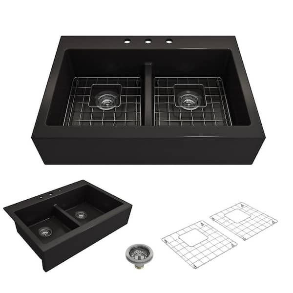 BOCCHI Nuova Matte Black Fireclay 34 in. Double Bowl Drop-In Apron Front Kitchen Sink with Protective Grids and Strainers