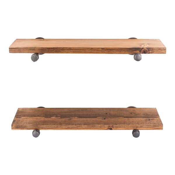 PIPE DECOR 24 in. x 7.5 in. x 6.75 in. Autumn Brown Restore Wood Decorative Wall Shelf with Industrial Steel Pipe Straight Brackets
