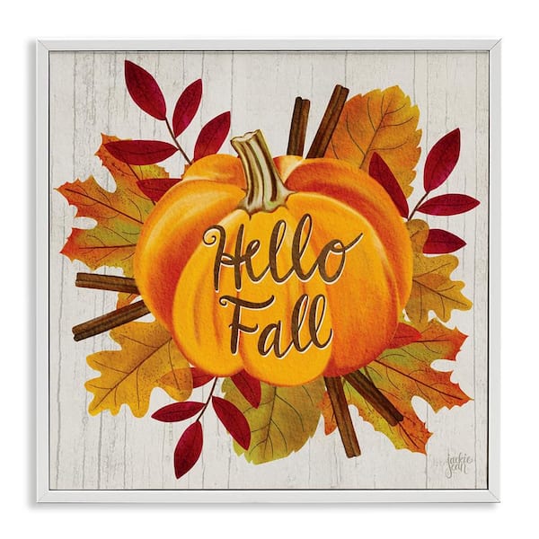 Stupell Industries Hello Fall Sentiment Pumpkin Autumn Tree Leaves by Jackie Quigley White Framed Graphic Country Art Print 24 in. x 24 in.
