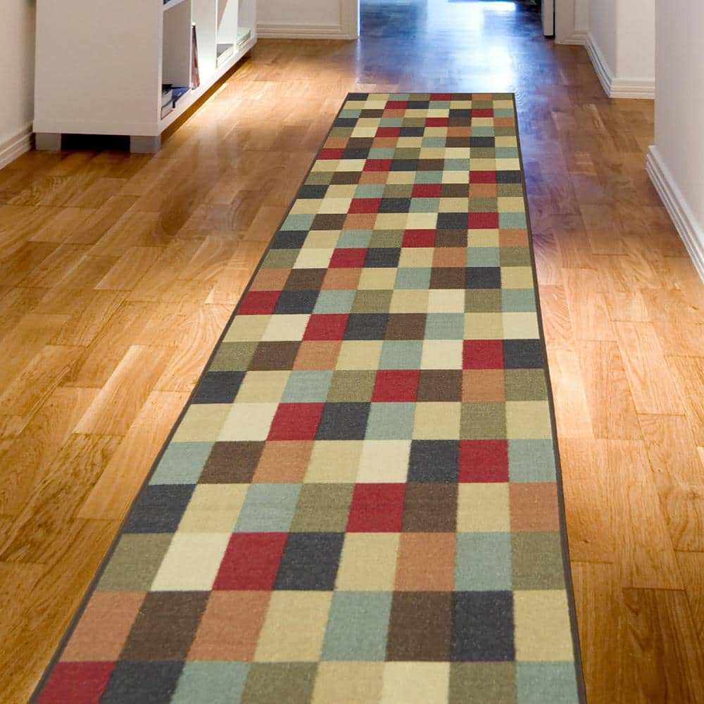 Contemporary Checkered Multicolor Low Pile Runner Rug, 84"L x 22"W