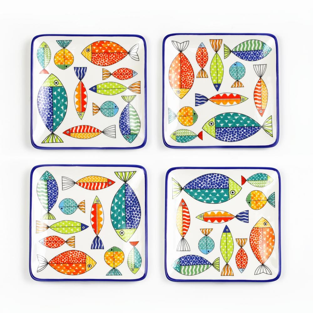 Colorful Fish Pattern Ceramic Square Appetizer Plates Set of 4