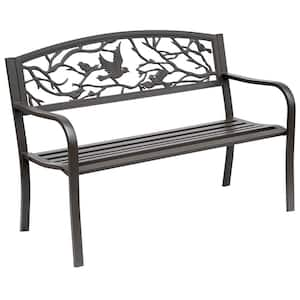 Modern 2-Person Cast Metal Outdoor Patio Bench with Bird Pattern Backrest & Slat Seat, Weather & Rust Resistant in Brown