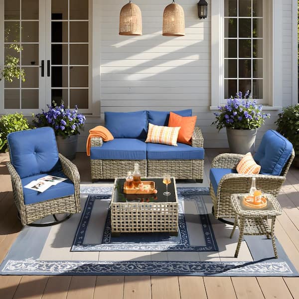 Torino Gray 6-Piece Modern Wicker Patio Conversation Deep Seating Set with Swivel Rocking Chairs and Navy Blue Cushions
