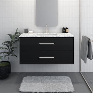 Napa 48 in. W x 22 in. D x 21.75 in. H Single Sink Bath VanityWall in Glossy Black with White Carrera Marble Countertop