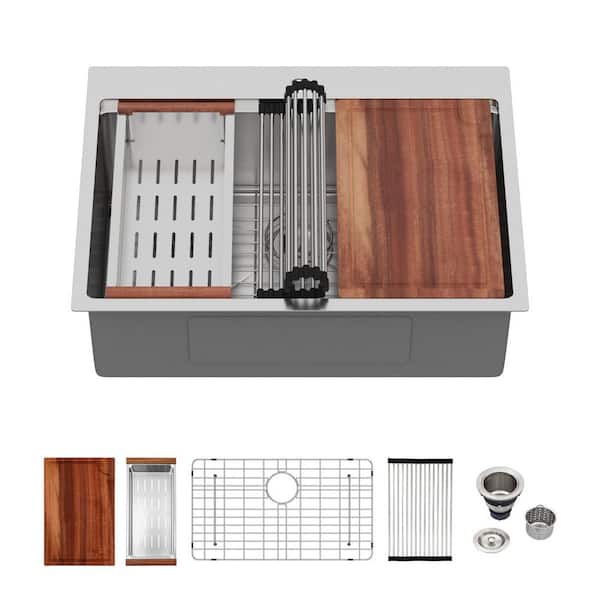 30 in. Topmount Single Bowl 18 Gauge Brushed Nickel Stainless Steel Drop In Dual Mount Kitchen Sink