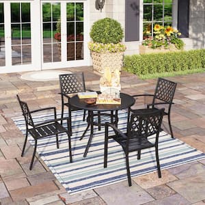 Black 5-Piece Metal Outdoor Patio Dining Set with Slat Round Table and Elegant Stackable Chairs