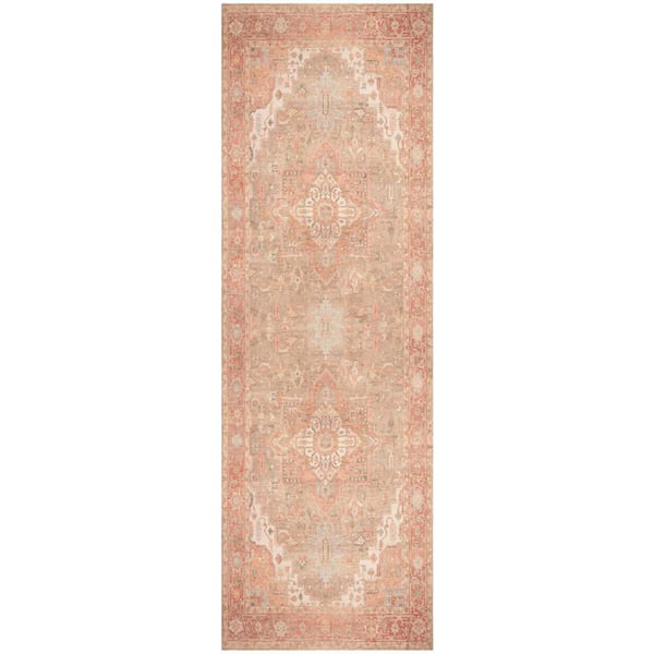 Vintage Washables Coral Taupe 2 ft. x 6 ft. Center Medallion Traditional Runner Area Rug