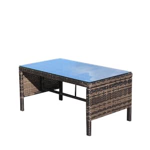Wicker Outdoor Coffee Table, Outdoor Patio Furniture 1 Coffee Table with Clear Tempered Glass for Backyard-Brown