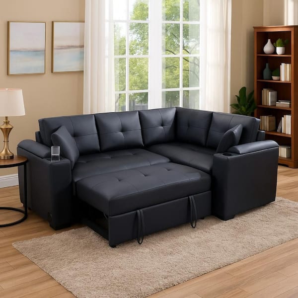 Nov 84.5 in. Square Arm Faux Leather L-Shaped Loose Back Style Sofa in Black