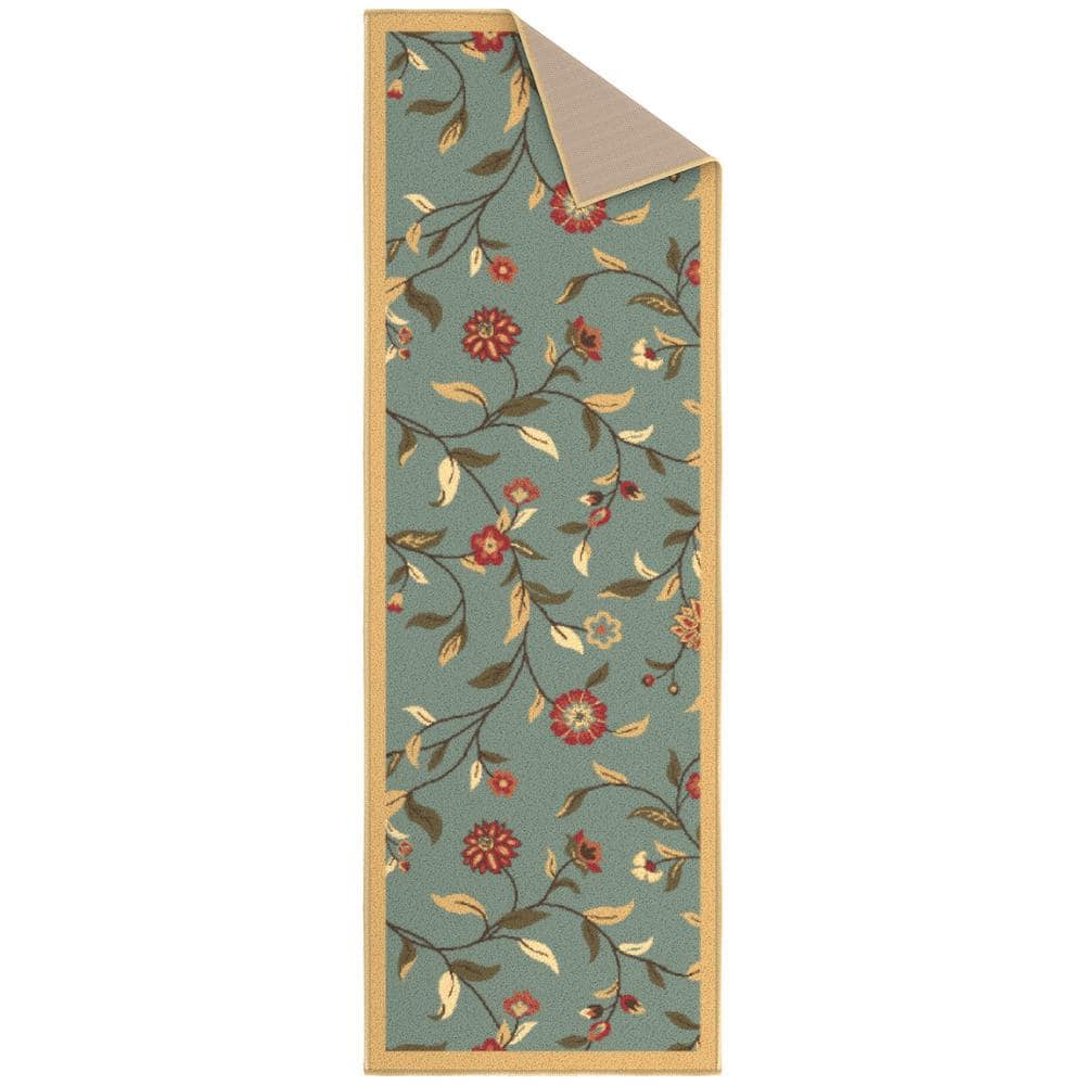 Seafoam Green Floral Non-Slip Runner Rug with Rubber Backing