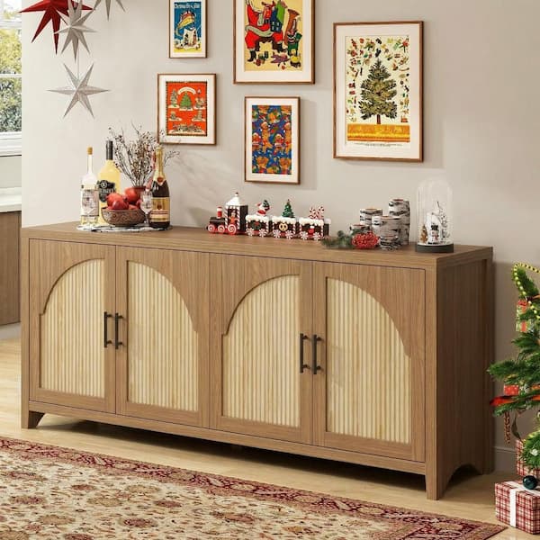 70 in. Modern Brown Oak TV Stand Entertainment Center Fits TVs Up to 75 in. with 4-Arched Reeded Doors