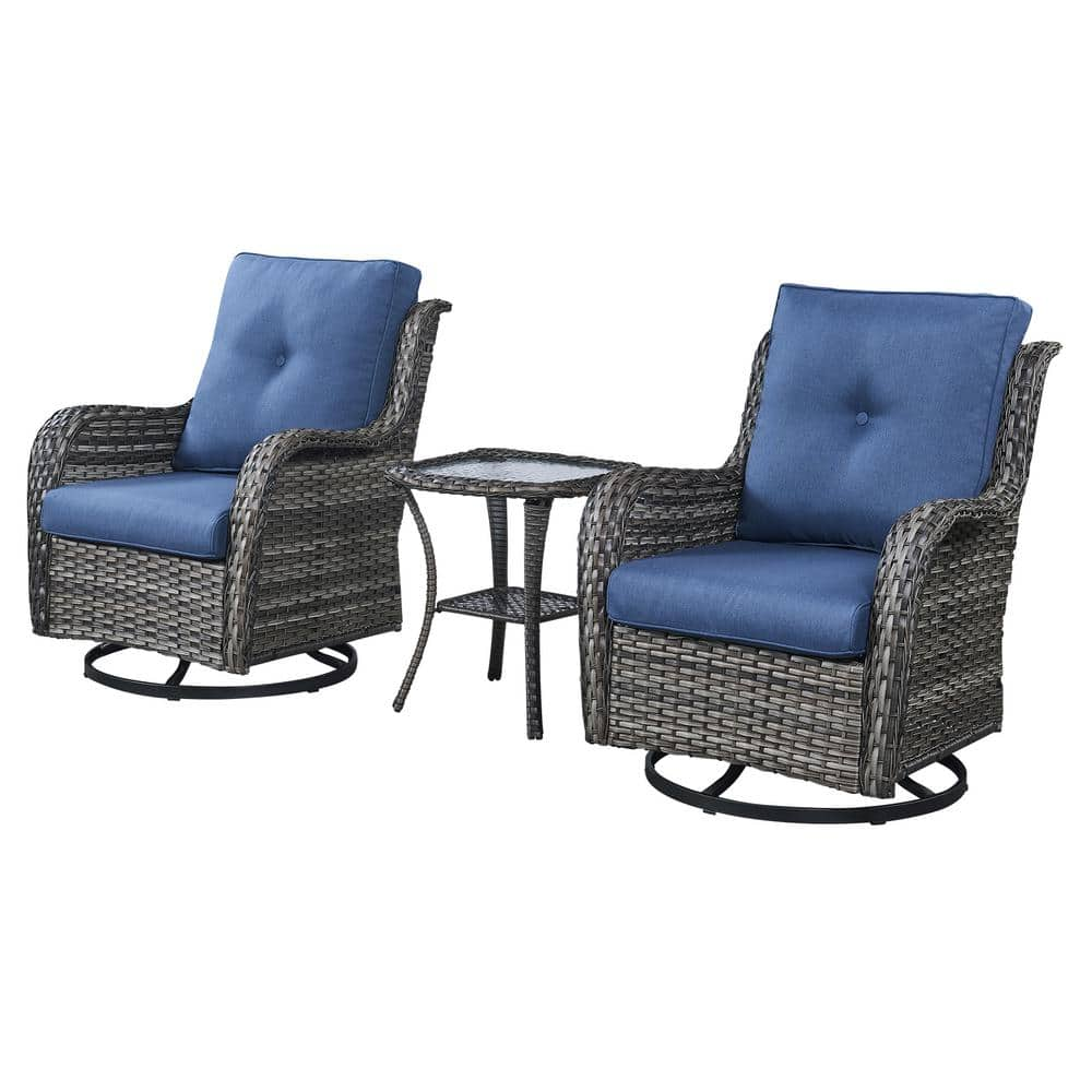 Pocassy Gray 3 Piece Wicker Patio Conversation Deep Seating Set With Blue Cushions All Weather