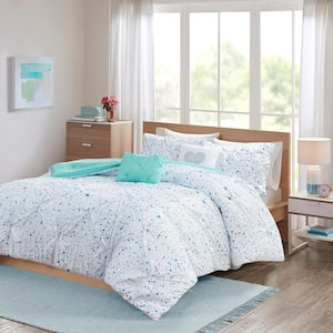 Lara 5-Piece Aqua Blue Full/Queen Metallic Printed and Pintucked Polyester Comforter Set