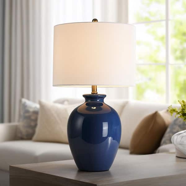 24. 5in 3-Way Blue Ceramic Table Lamp with White Shade
