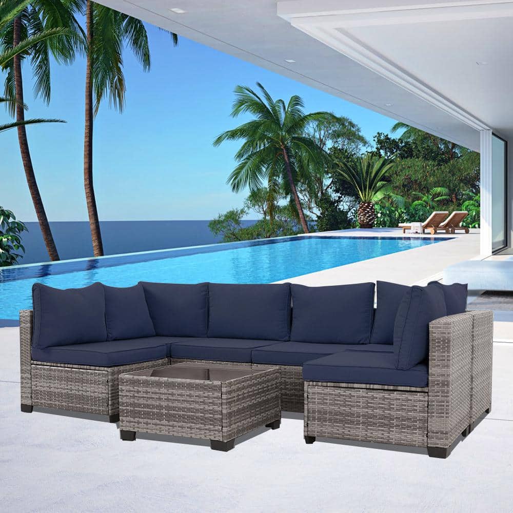 Grey 7-Piece PE Wicker Outdoor Patio Sectional Set with Navy Blue Cushions 
