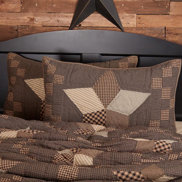 Farmhouse Star Charcoal Dark Tan Creme Primitive Quilted Cotton King Sham