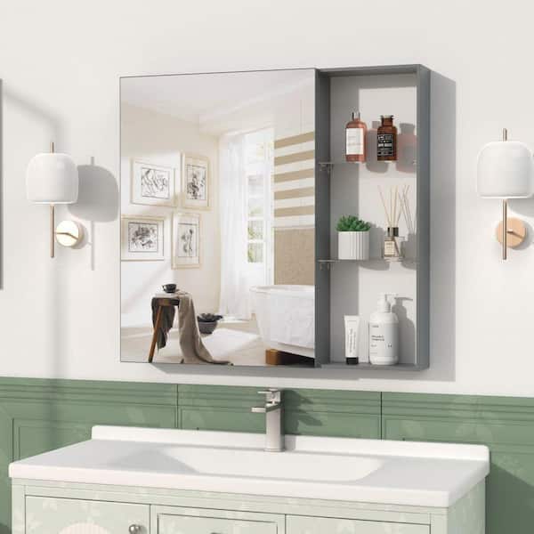 30 in. W x 28 in. H Rectangular Aluminum Medicine Cabinet with Mirror & External Shelf Bathroom Mirror Cabinet w/Storage