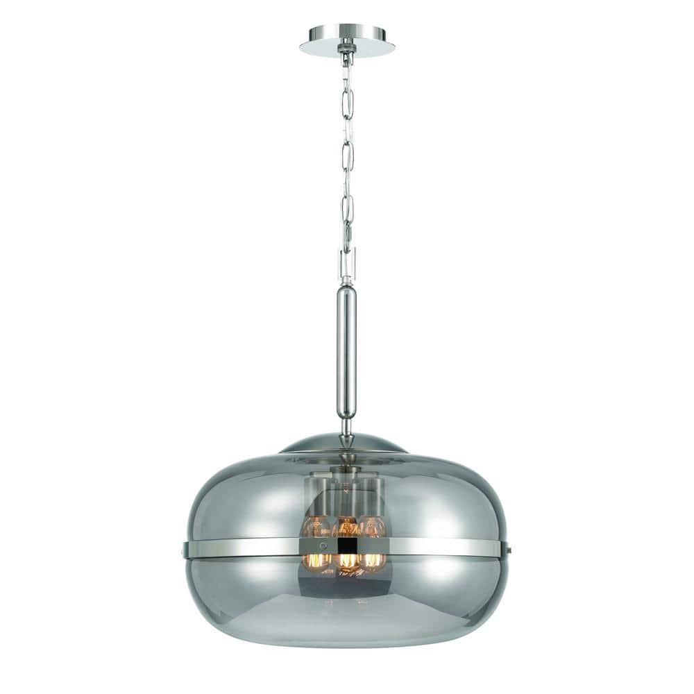 Polished Nickel 3-Light Pendant with Smoke Glass Shade