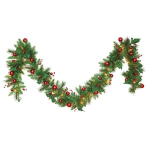 10 in. x 9 ft. Artificial Christmas Garland with Red Balls and Berries, 160 Tips, 35 UL Lights
