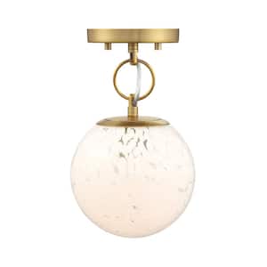 Wine Flower 7 in. 1-Light Brushed Gold Glam Semi Flush Mount with White Art Glass Shade for Bedrooms
