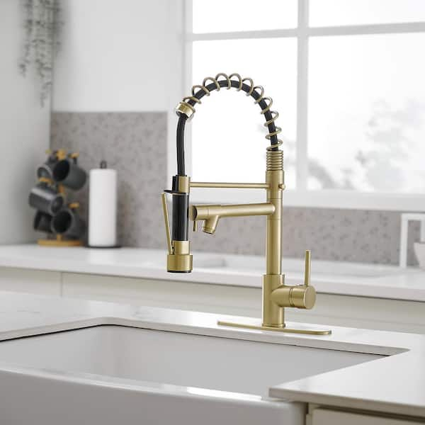 Contemporary Spring Single Handle Pull Down Sprayer Kitchen Faucet Commercial Sink With Deck Plate in Brushed Gold