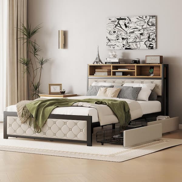 Qualler Beige Metal Frame Full Size Platform Bed with USB Port and 4-Drawers