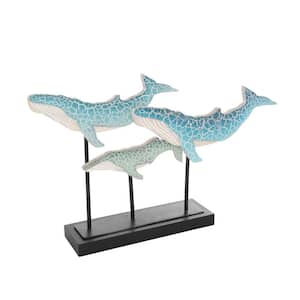 12 in. Blue Wooden Textured Whale Sculpture with Black Metal Stand