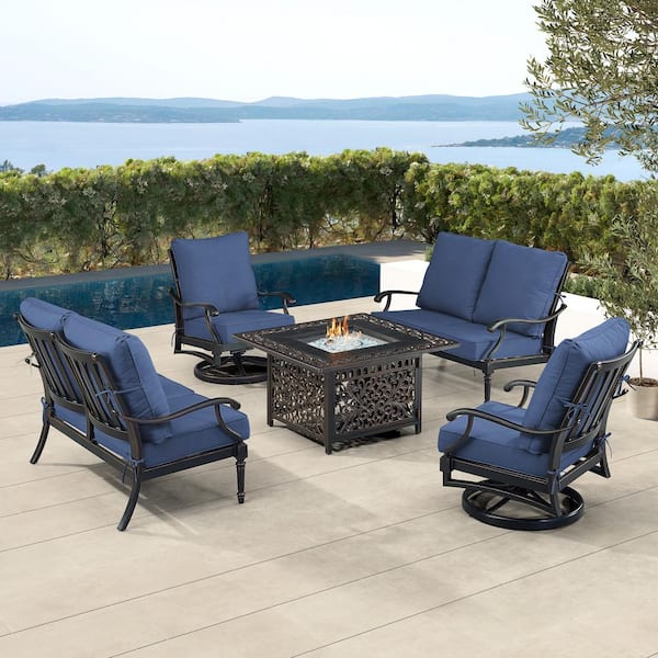 Oakland Living Black 5-Piece Aluminum Patio Fire Table Set with Blue Cushions
