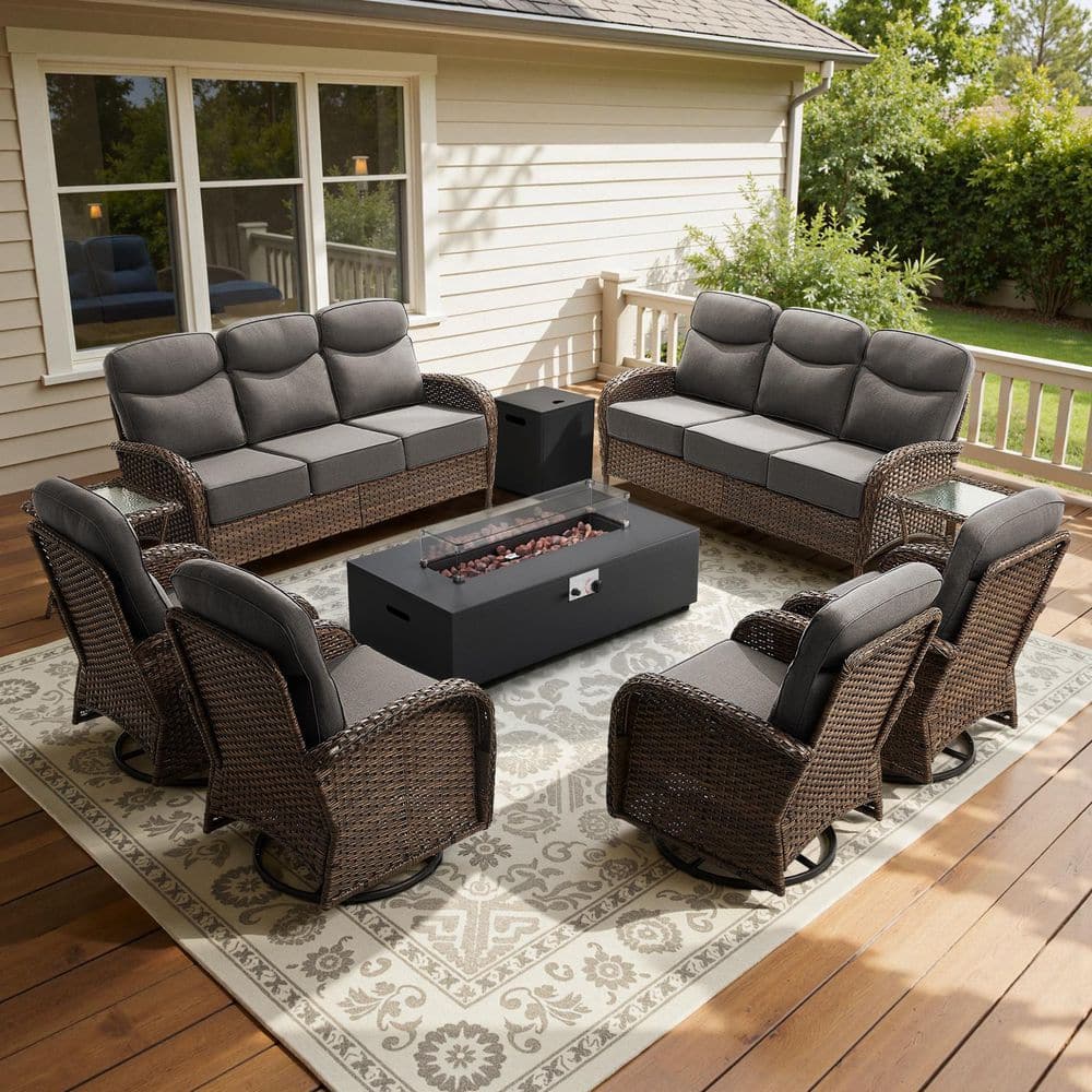 Luna Brown 9-Piece Wicker Outdoor Patio Fire Pit Seating Set with 6-Inch Olefin Gray Cushions price history on PriceWatchPro