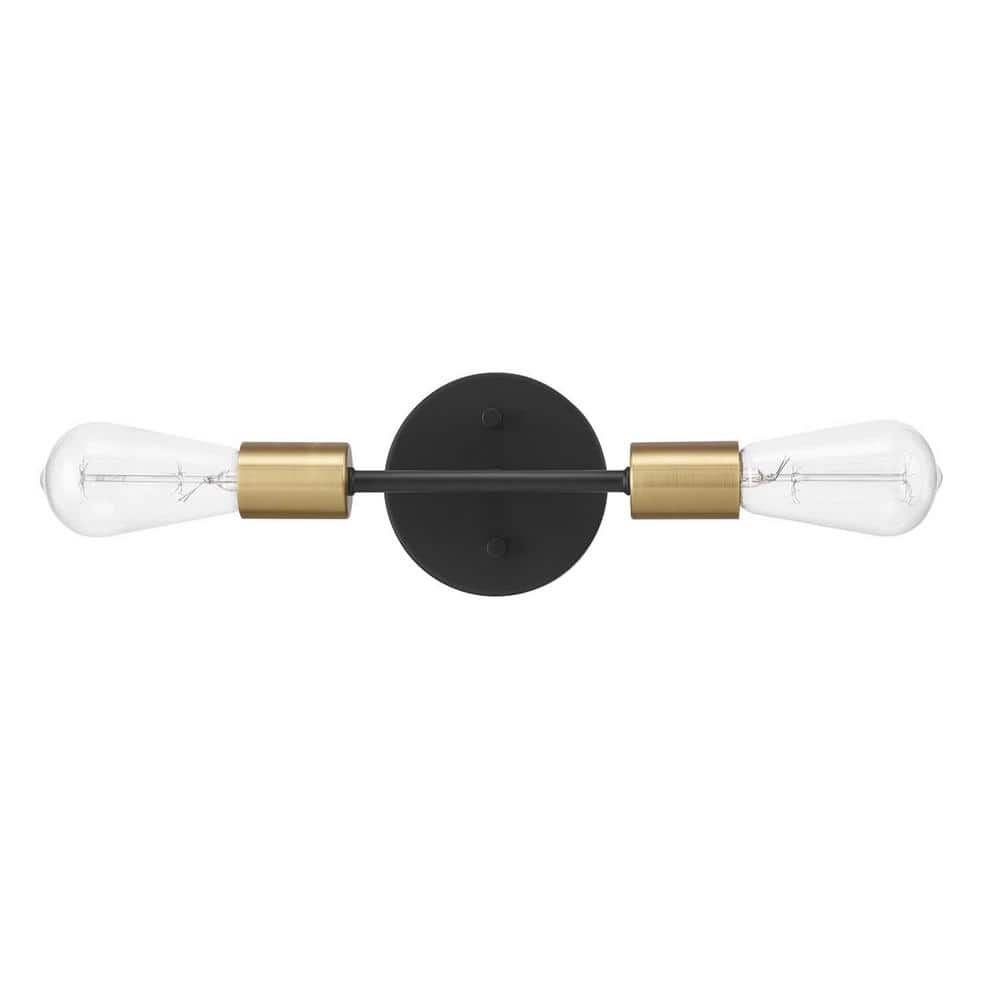 Alexandria 10 in. 2-Light Matte Black Vanity Light with Matte Brass Socket
