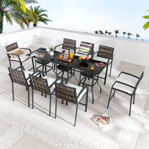 11-Piece Wicker Bar Height Outdoor Dining Set with Beige Cushions