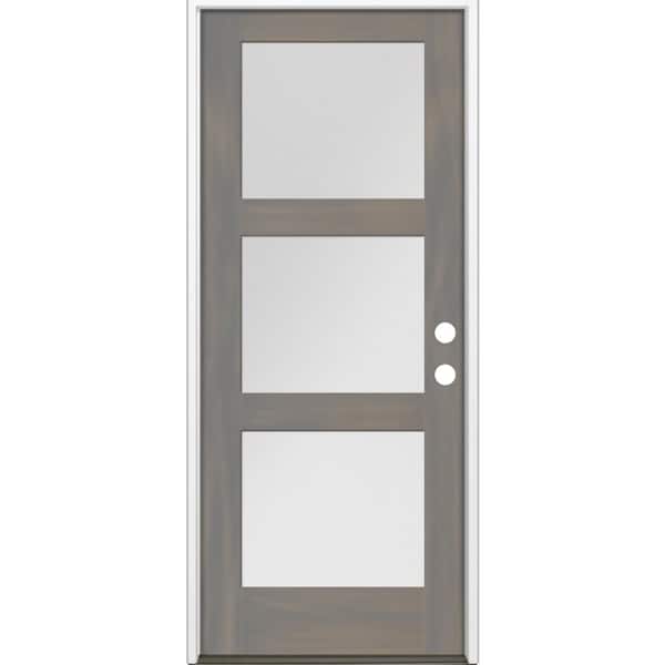 Krosswood Doors 36 in. x 80 in. Modern Hemlock 3-Lite Left-Hand/Inswing Frosted Glass Grey Stain Wood Prehung Front Door