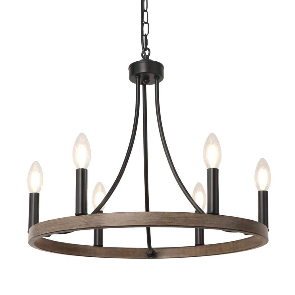 6-Light Rustic Farmhouse Black and Wood Color Wagon Wheel Chandelier for Fo