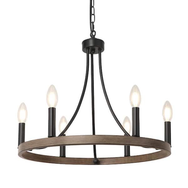 Unbranded 6-Light Rustic Farmhouse Black and Wood Color Wagon Wheel Chandelier for Foyer Living Room Dining Room