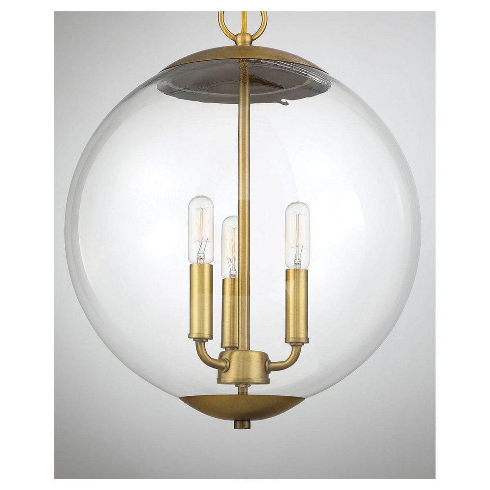 Contemporary Clear Glass Globe 3-Light Pendant in Natural Brass